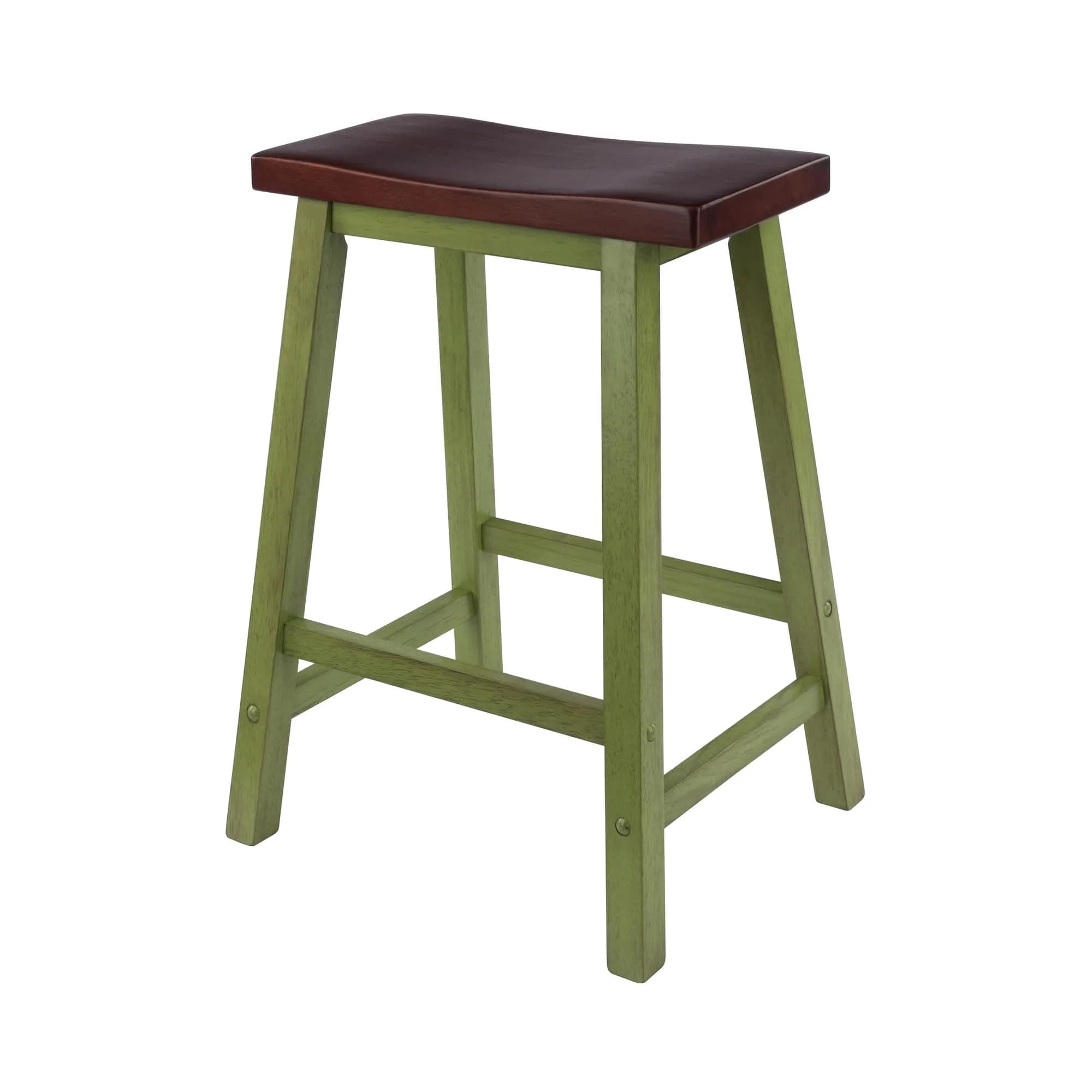 Winsome Satori Saddle Seat 24" Counter Stool Rustic Green Walnut Finish | Solid Wood Comfort - main product image
