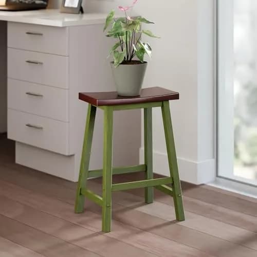 Winsome Satori Saddle Seat 24" Counter Stool Rustic Green Walnut Finish | Solid Wood Comfort thumbnail 2