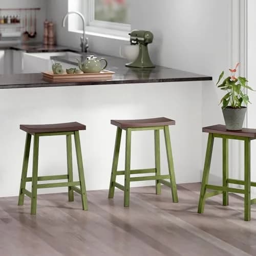 Winsome Satori Saddle Seat 24" Counter Stool Rustic Green Walnut Finish | Solid Wood Comfort thumbnail 3
