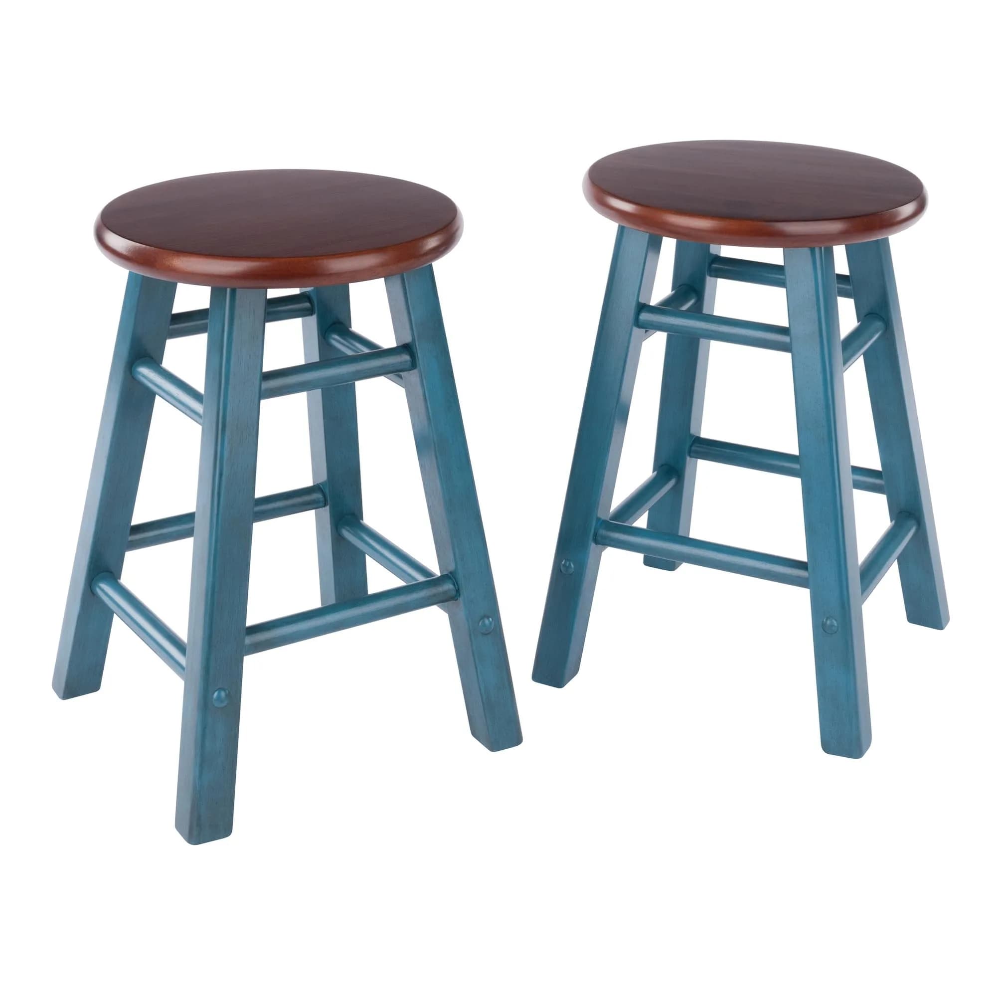 Winsome Element 2-Piece Counter Stool Set | Solid Beech Wood, Walnut Finish, 18" Seat Height — Walnut / Rustic Teal