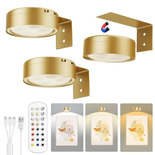 Xuolder Rechargeable Picture Light 3-Pack Gold | Magnetic LED Art Display Light with Remote, 300 Lumens, 3 Color Temps & 12 RGB Modes thumbnail 1