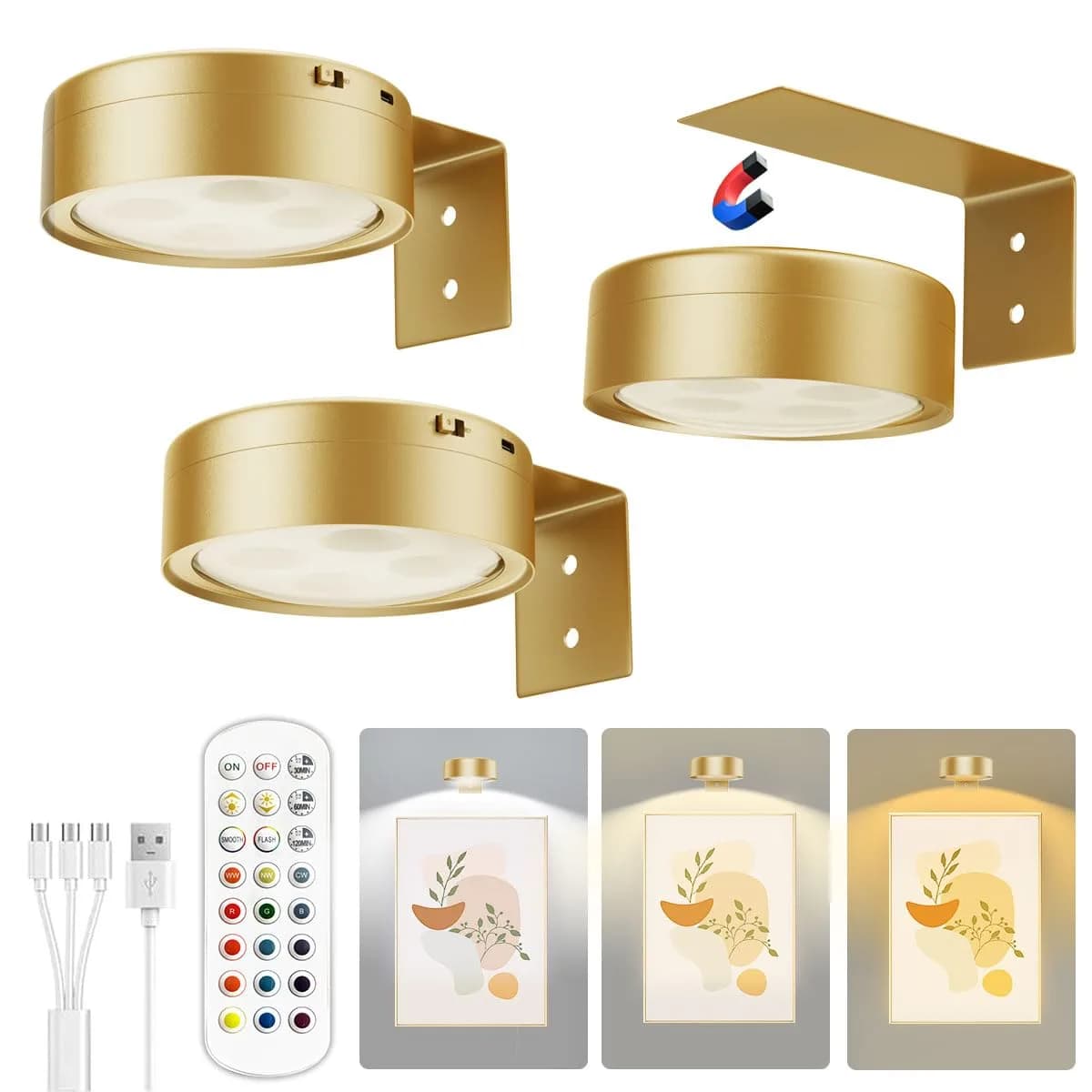 Xuolder Rechargeable Picture Light 3-Pack Gold | Magnetic LED Art Display Light with Remote, 300 Lumens, 3 Color Temps & 12 RGB Modes