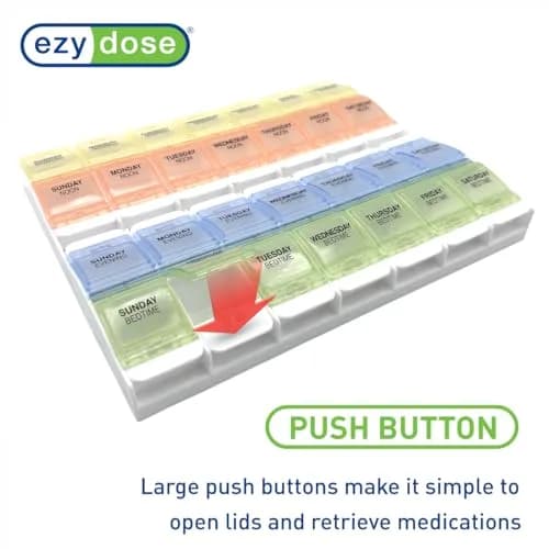 EZY DOSE Push Button Weekly 7-Day, 4X Per Day Pill Organizer, Pastel, 2XL | Large 28-Compartment Medication System thumbnail 4