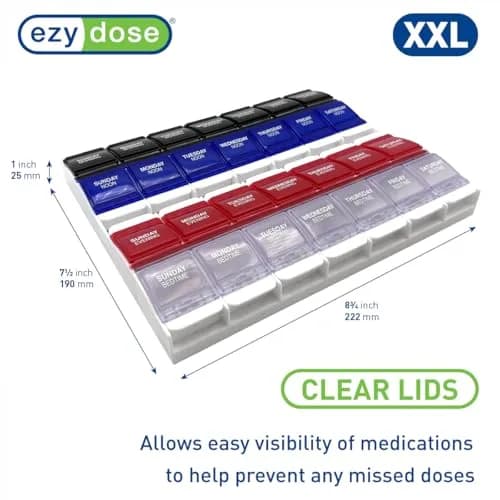EZY DOSE Weekly Pill Organizer 7-Day, 4X/Day, 2XL | Push Button, Large Compartments, Travel Friendly thumbnail 2
