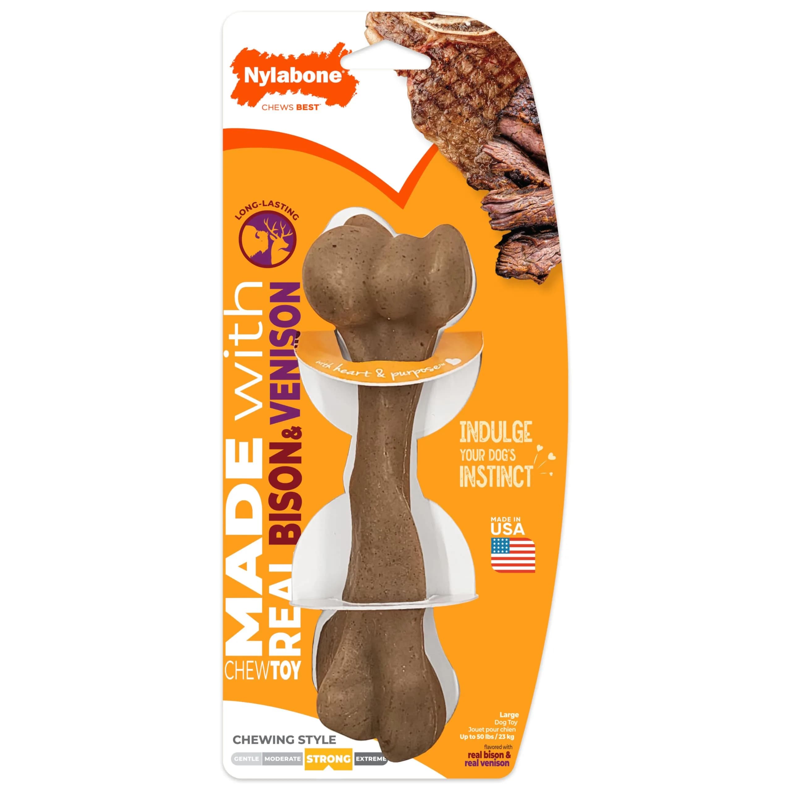 Nylabone Strong Chew Femur Bone Dog Toy with Real Bison & Venison Flavor, Large 4.5" (11.4 cm) - main product image
