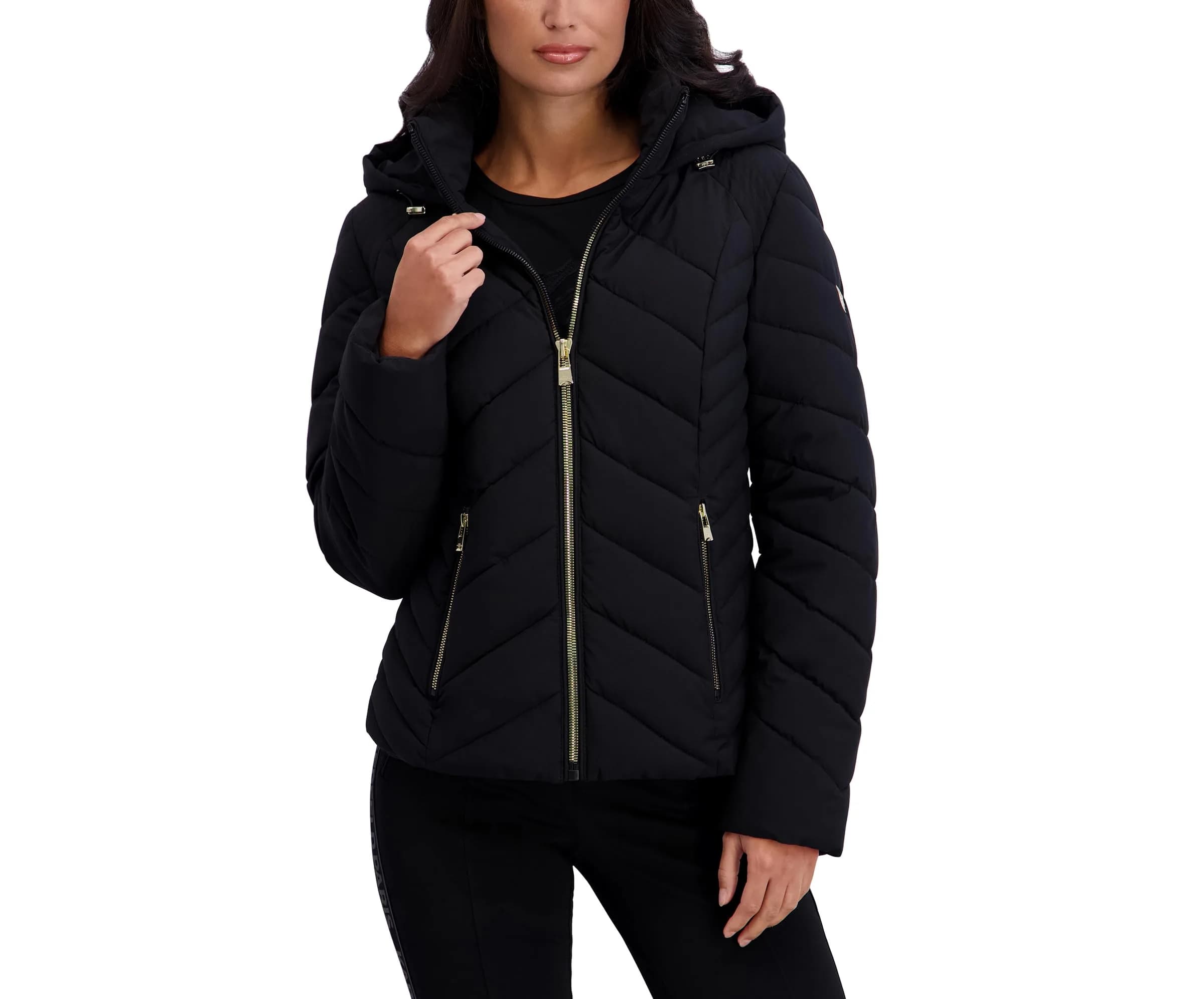 KARL LAGERFELD Paris Women's Chevron Lightweight Puffer, Black, X-Large | Stylish & Warm for Cold Weather - main product image