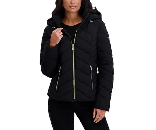 KARL LAGERFELD Paris Women's Chevron Lightweight Puffer, Black, X-Large | Stylish & Warm for Cold Weather thumbnail 1