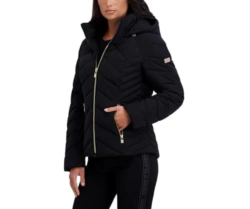 KARL LAGERFELD Paris Women's Chevron Lightweight Puffer, Black, X-Large | Stylish & Warm for Cold Weather thumbnail 3
