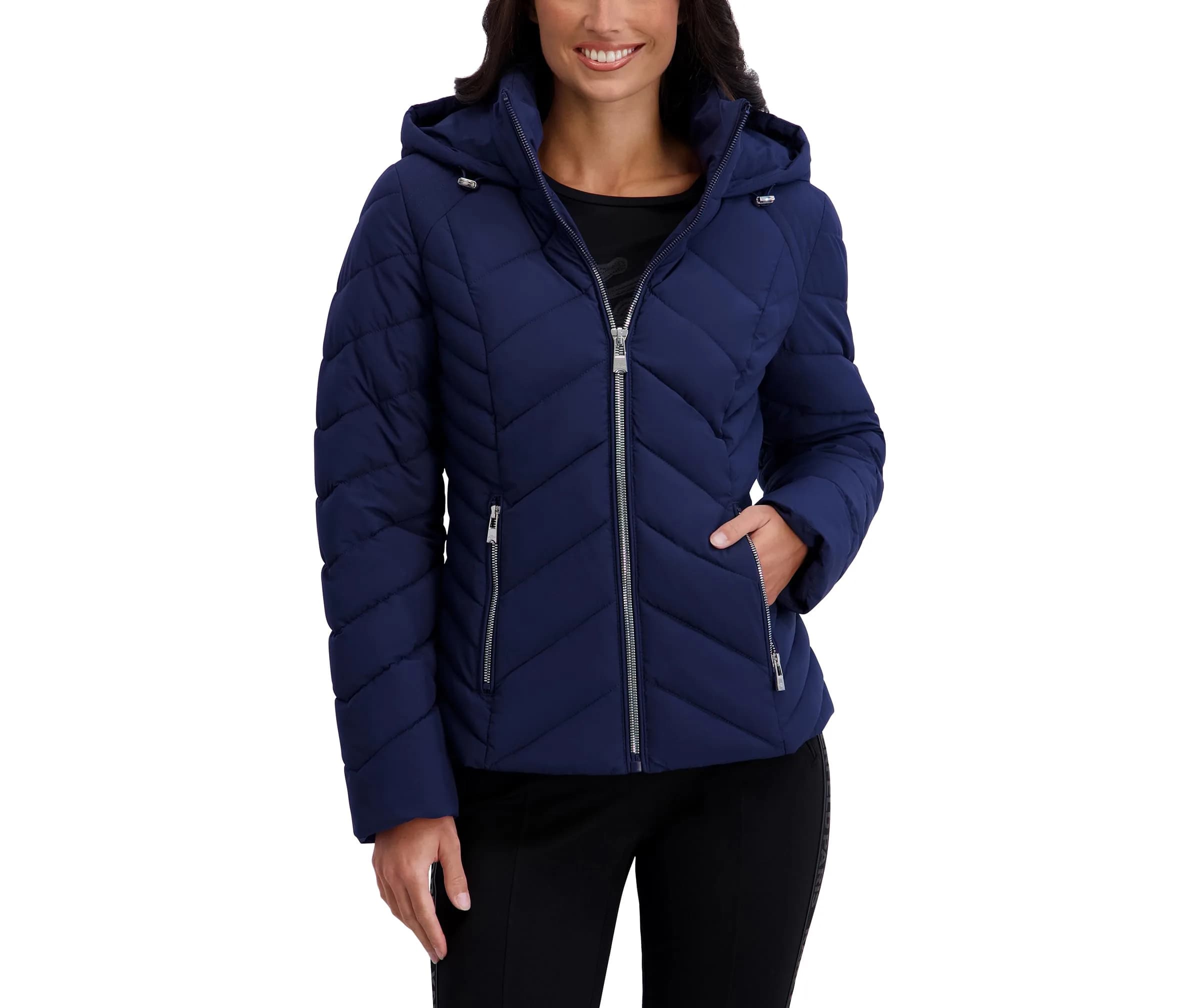 KARL LAGERFELD Paris Women's Chevron Lightweight Puffer Navy Medium | Stylish, Warm & Compact - main product image