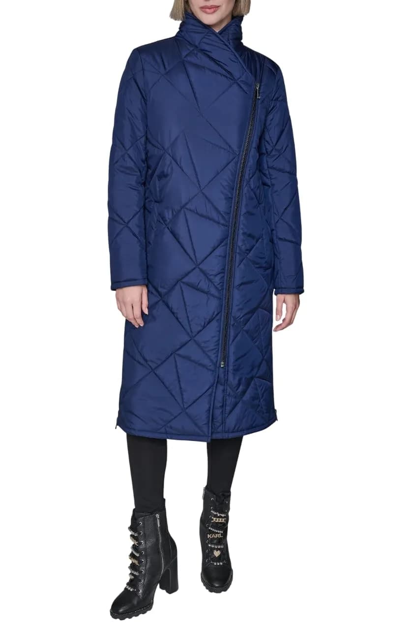KARL LAGERFELD Paris Women's Quilted Assymetrical Long Coat Navy, Large | Versatile, Warm & Stylish for All Seasons