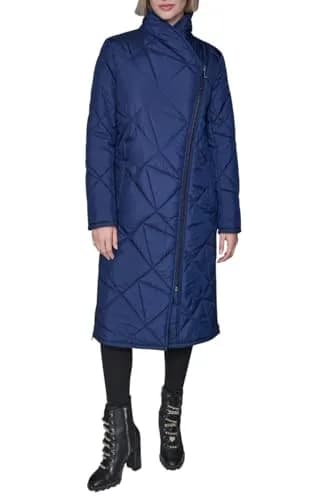 KARL LAGERFELD Paris Women's Quilted Assymetrical Long Coat Navy, Large | Versatile, Warm & Stylish for All Seasons thumbnail 1