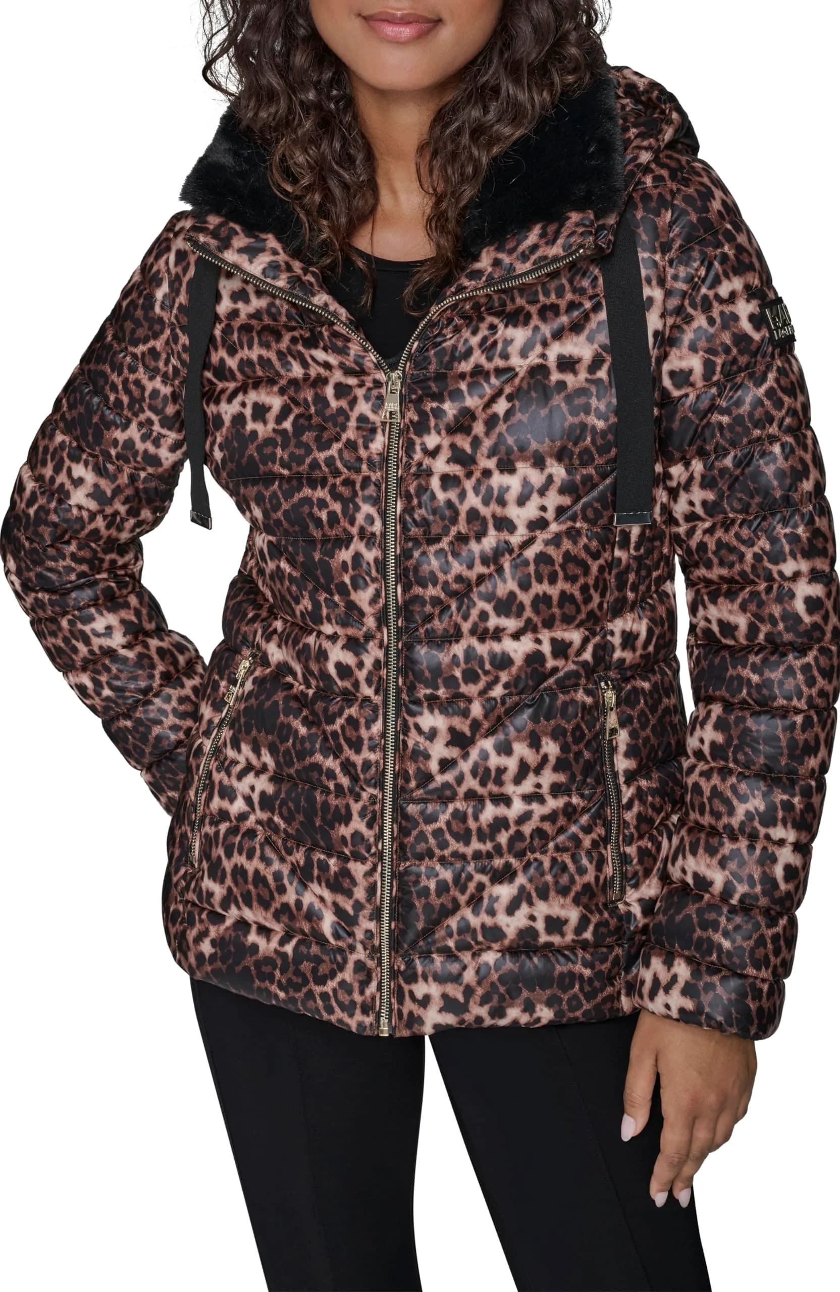 KARL LAGERFELD Paris Women's Zip Front Double Collar Jacket Leopard, Large | Versatile Fall & Winter Coat for Women - main product image