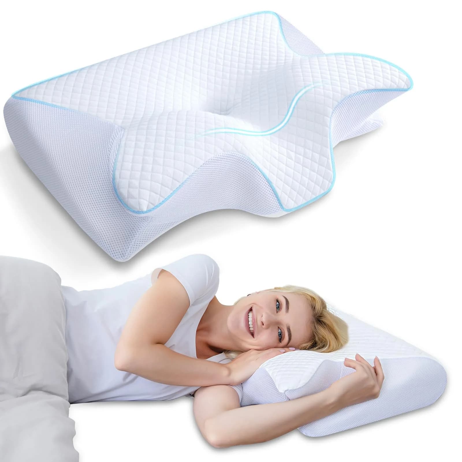 HOMCA Memory Foam Cervical Pillow 60cm (23.6") x 40cm (15.7") x 12cm (4.7") | CertiPUR-US Certified for Neck Pain Relief — White