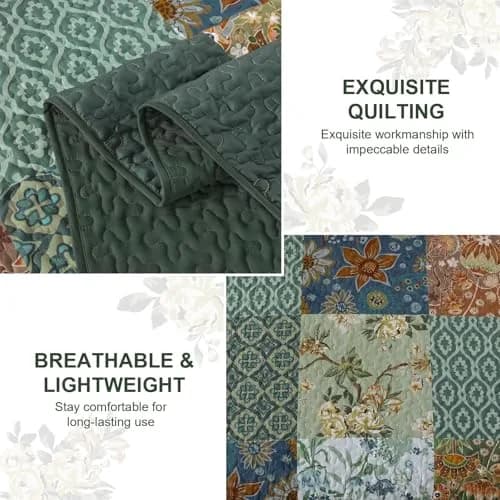DJY Patchwork Quilt Set Queen Green Boho Rustic Floral Bedspread Coverlet | All-Season Microfiber Comfort thumbnail 5