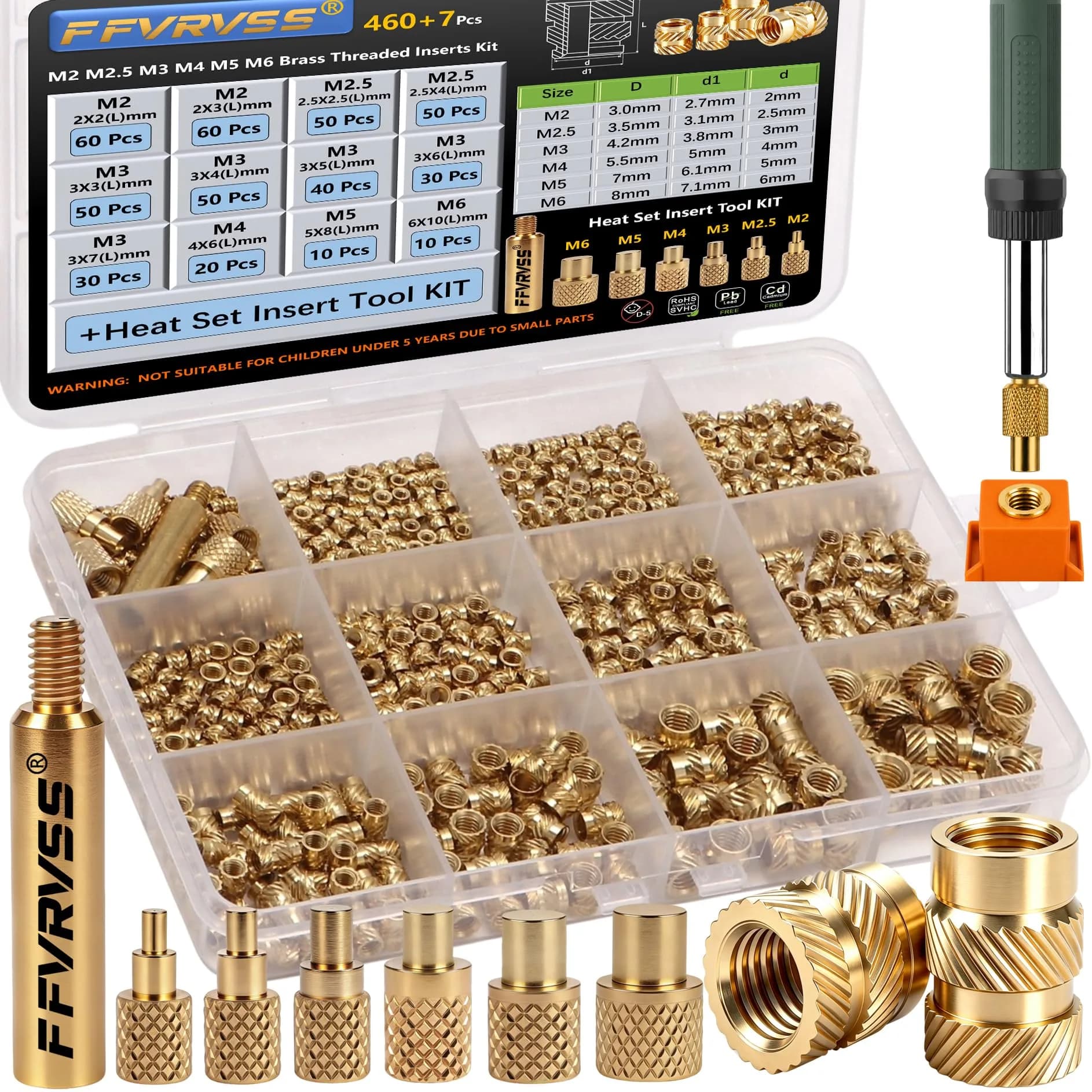 FFVRVSS Brass Threaded Inserts Kit M2-M5 (300+6Pcs) | Heat Set Nuts for 3D Printing & Plastics — 460Pcs M2-M6 Kit+Tools