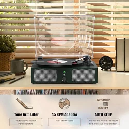 Udreamer Green Belt Drive Turntable with Speakers & USB | 3-Speed Vinyl Record Player thumbnail 6