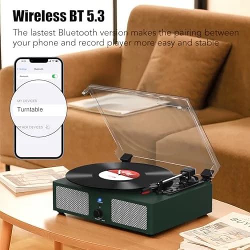 Udreamer Green Belt Drive Turntable with Speakers & USB | 3-Speed Vinyl Record Player thumbnail 2