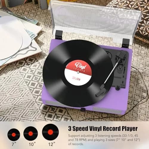 Udreamer Purple Vinyl Record Player with Built-in Speakers & Bluetooth, 3-Speed Belt Drive, 32.5cm (12.8") | Imported for India thumbnail 4