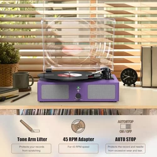 Udreamer Purple Vinyl Record Player with Built-in Speakers & Bluetooth, 3-Speed Belt Drive, 32.5cm (12.8") | Imported for India thumbnail 6