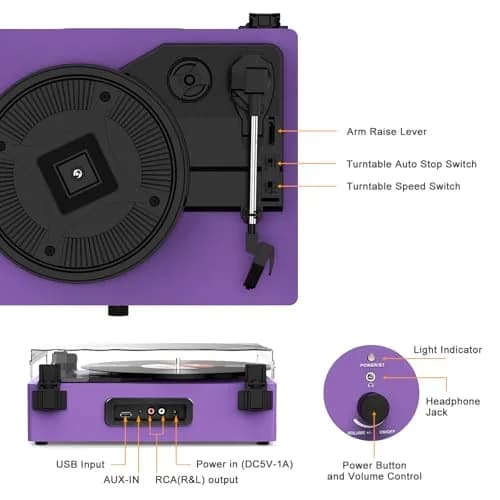 Udreamer Purple Vinyl Record Player with Built-in Speakers & Bluetooth, 3-Speed Belt Drive, 32.5cm (12.8") | Imported for India thumbnail 7