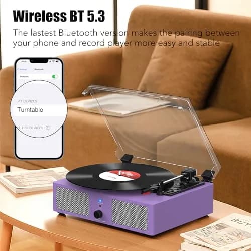 Udreamer Purple Vinyl Record Player with Built-in Speakers & Bluetooth, 3-Speed Belt Drive, 32.5cm (12.8") | Imported for India thumbnail 2