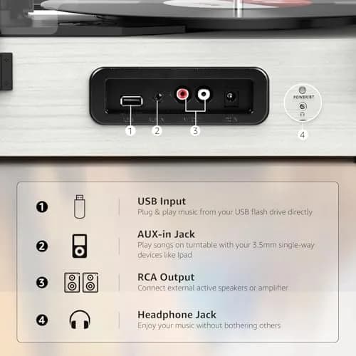 Udreamer White Vinyl Record Player with Speakers & USB | Belt Drive, 3 Speeds, Bluetooth thumbnail 5