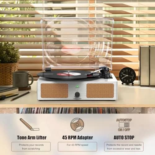 Udreamer White Vinyl Record Player with Speakers & USB | Belt Drive, 3 Speeds, Bluetooth thumbnail 6