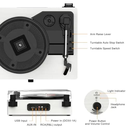 Udreamer White Vinyl Record Player with Speakers & USB | Belt Drive, 3 Speeds, Bluetooth thumbnail 7