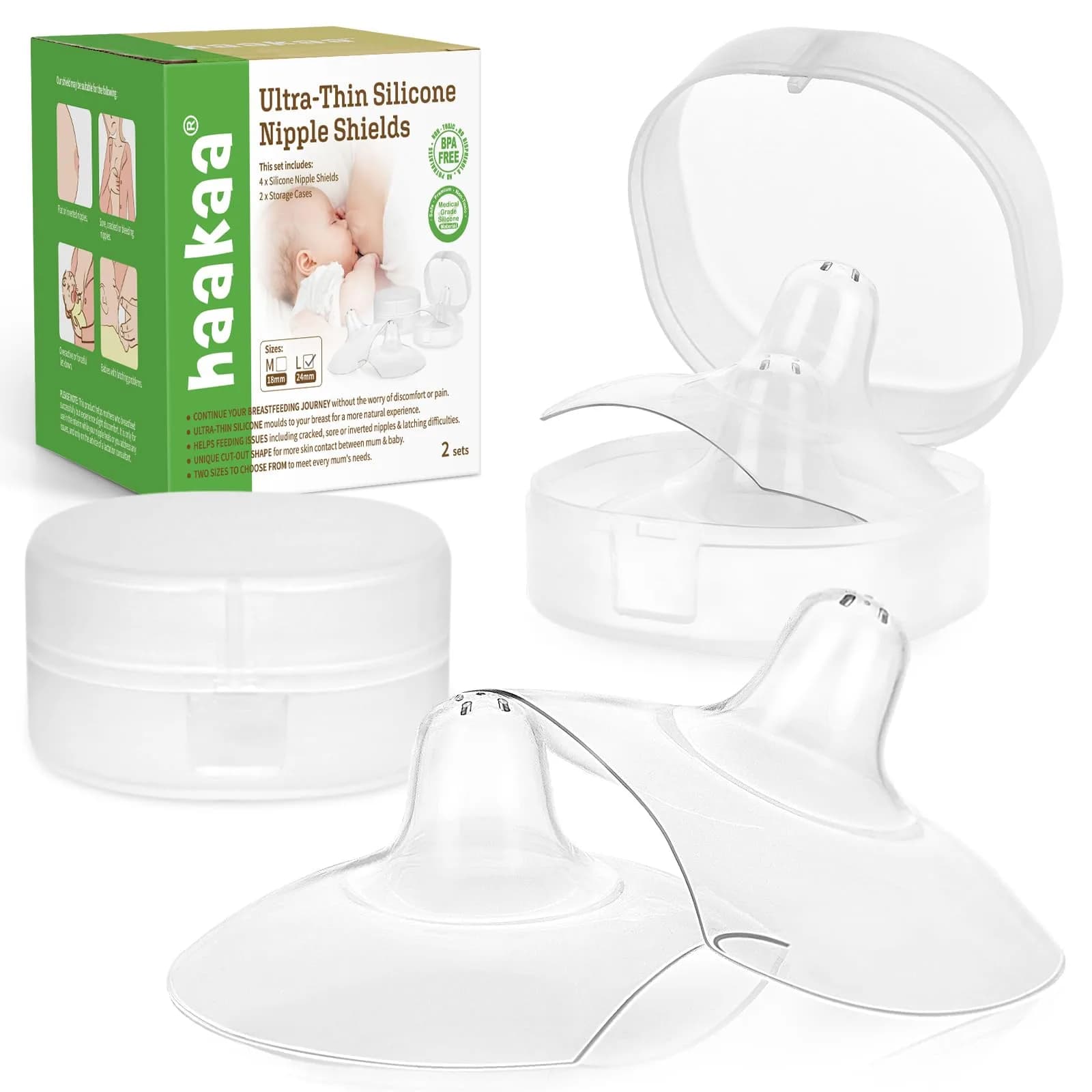 haakaa Nipple Shields for Nursing with Storage Case, 24mm (0.85 Fl Oz) | Ultra-Thin Food-Grade Silicone for Latch Issues — 24mm