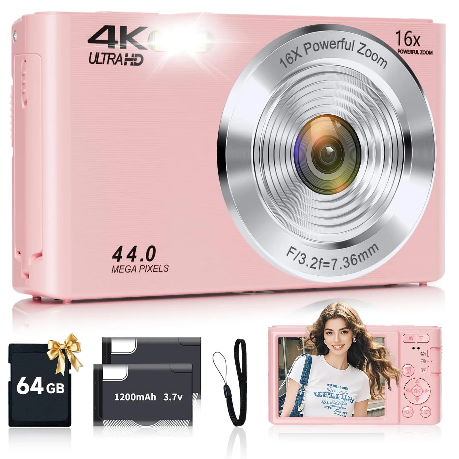 SMARTKLIK Digital Camera 44MP 4K FHD Silver | 16x Digital Zoom, 64GB SD Card Included — Pink