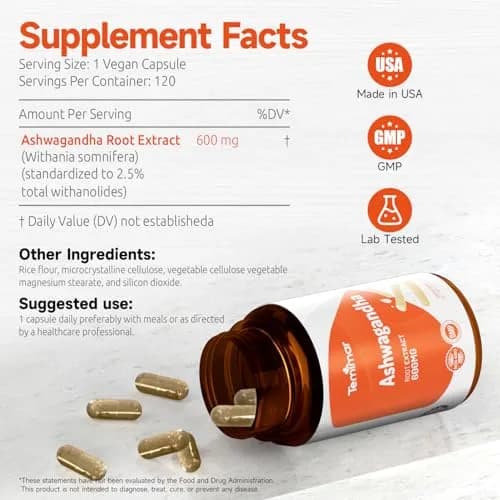 Temimar Ashwagandha Supplements, Ashwagandha Root Extract 600mg for Women & Men, Made in USA, Gluten Free, Vegan, 120 Capsules thumbnail 5