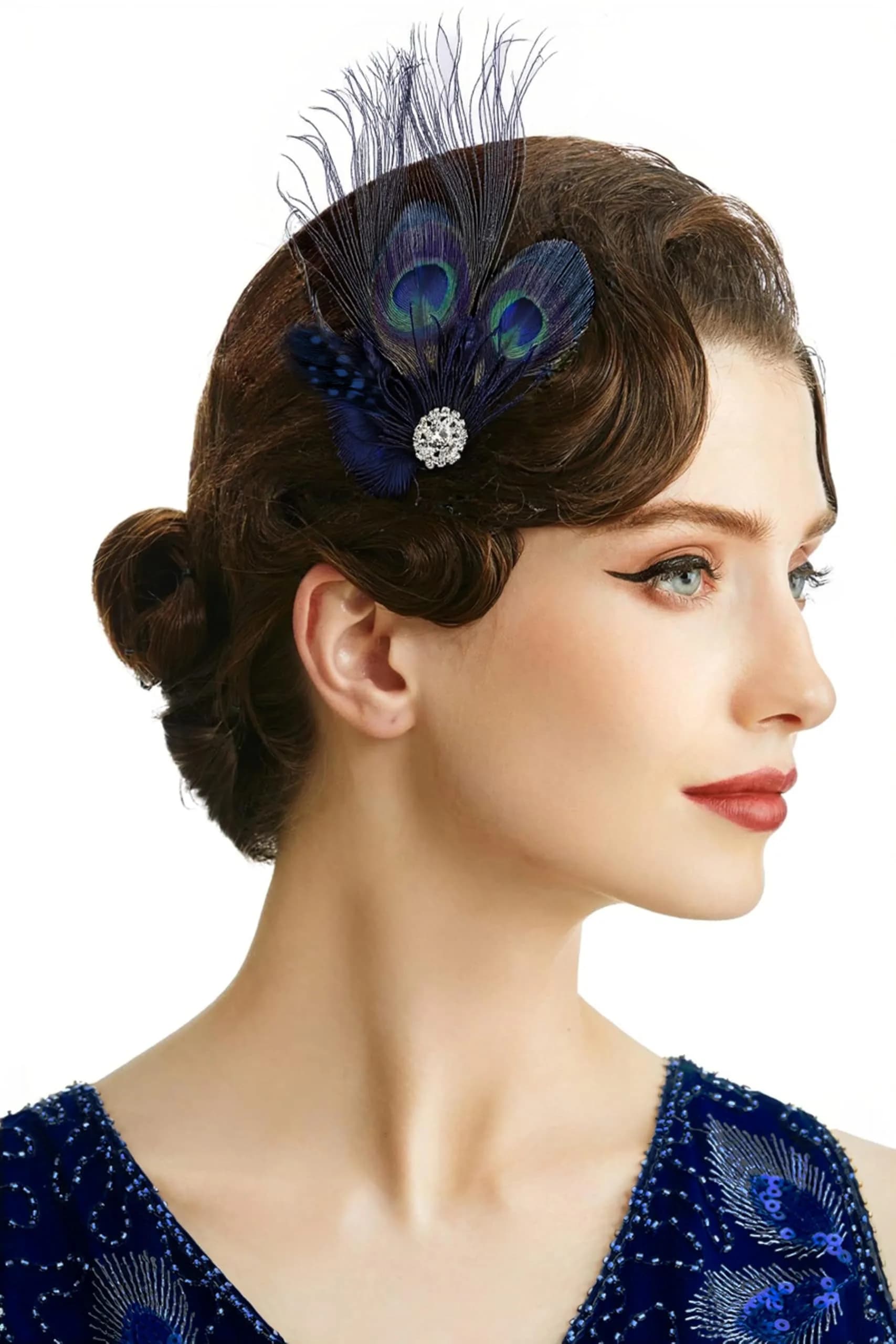 BABEYOND Peacock Feather Hair Clip with Rhinestones | 1920s Peacock Flapper Fascinator, One Size — Navy Blue