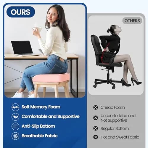 SweetSlubr Memory Foam Seat Cushion for Tailbone Pain Relief, X-Large 48cm (19"x17") Pink | Ergonomic Office Chair Pad for Comfort thumbnail 5