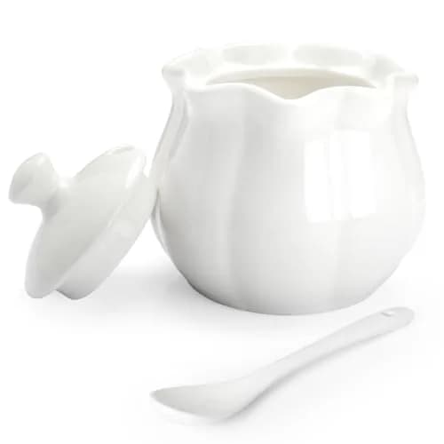 Swetwiny Ceramic Sugar Bowl with Lid and Spoon | Flower-Shaped Porcelain Salt Storage Jar, 9 Ounces thumbnail 1