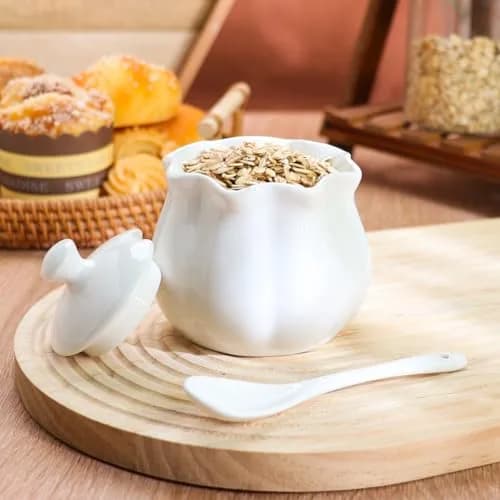 Swetwiny Ceramic Sugar Bowl with Lid and Spoon | Flower-Shaped Porcelain Salt Storage Jar, 9 Ounces thumbnail 6