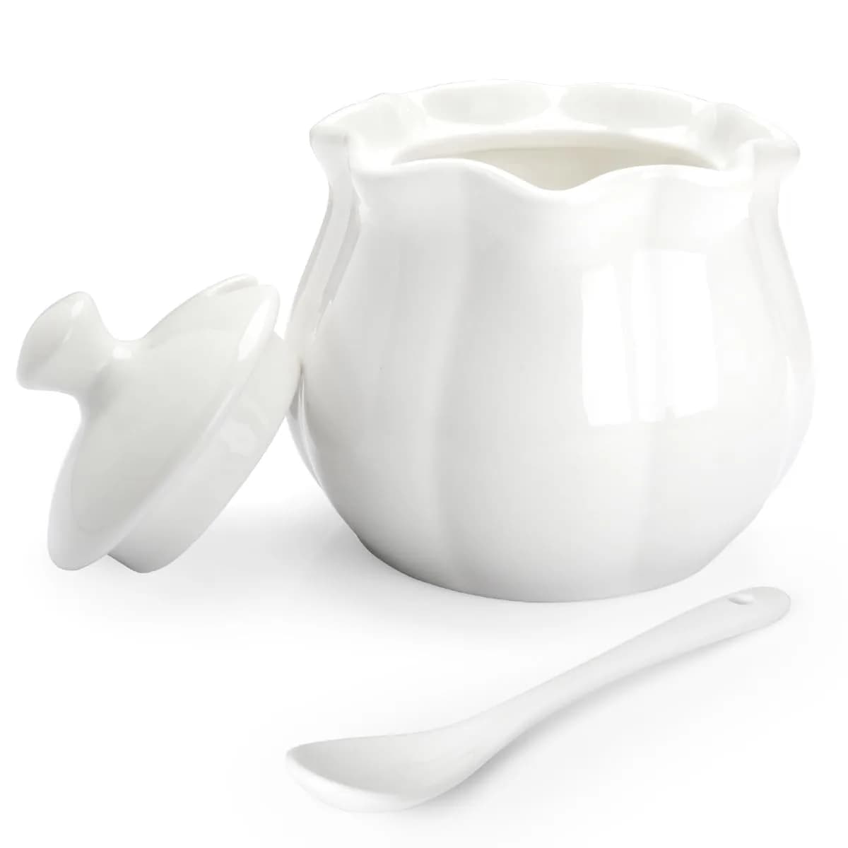 Swetwiny Ceramic Sugar Bowl with Lid and Spoon | Flower-Shaped Porcelain Salt Storage Jar, 9 Ounces