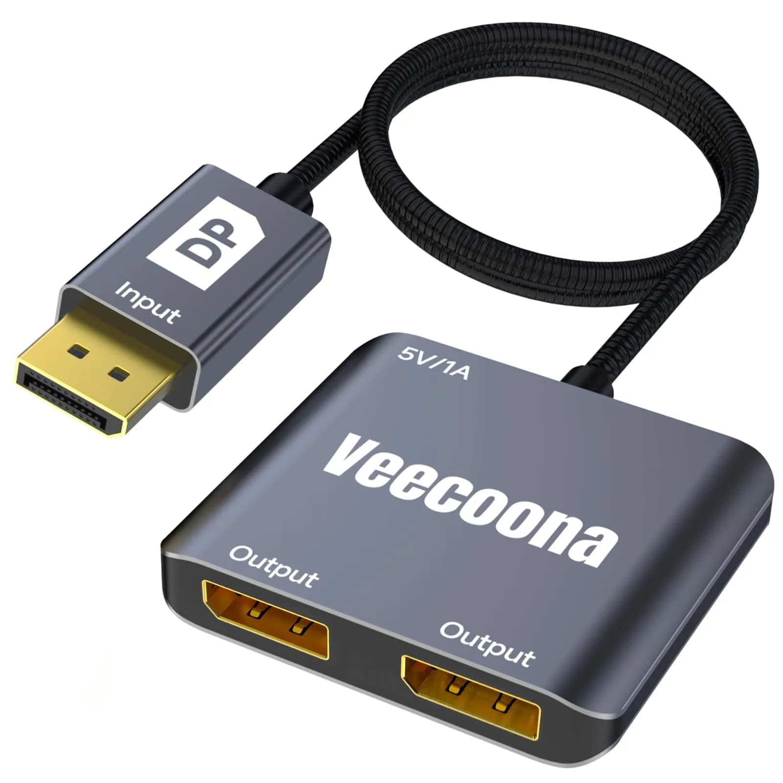 Veecoona DisplayPort to Dual DisplayPort Splitter 4K60Hz | Supports Windows/Linux, MacOS Mirroring (1 in 2 Out, Aluminum Housing)