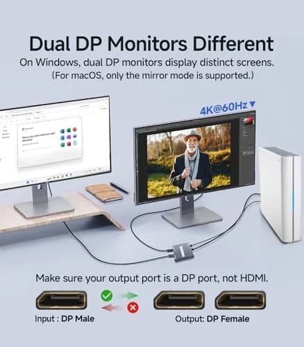 Veecoona DisplayPort to Dual DisplayPort Splitter 4K60Hz | Supports Windows/Linux, MacOS Mirroring (1 in 2 Out, Aluminum Housing) thumbnail 4