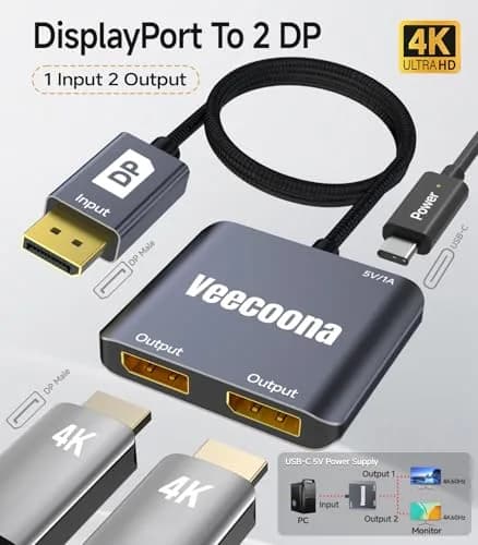 Veecoona DisplayPort to Dual DisplayPort Splitter 4K60Hz | Supports Windows/Linux, MacOS Mirroring (1 in 2 Out, Aluminum Housing) thumbnail 2