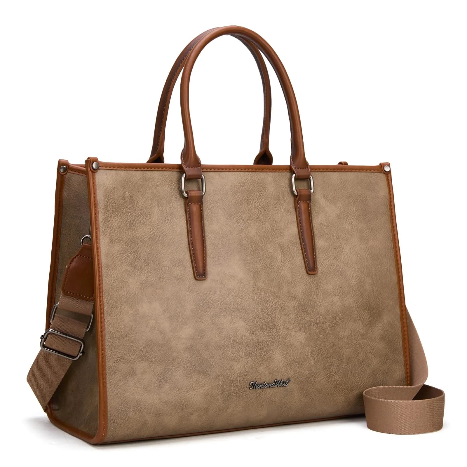 Montana West Laptop Tote Bag for Women 15.6 Inch Waterproof Vegan Leather Khaki | Business Office Work Briefcase — Khaki