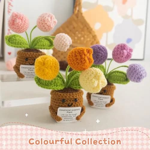 MS ZHENQIAO Tulip Pink Crochet Flower Potted Plant Gift | Emotional Support Figurine thumbnail 7