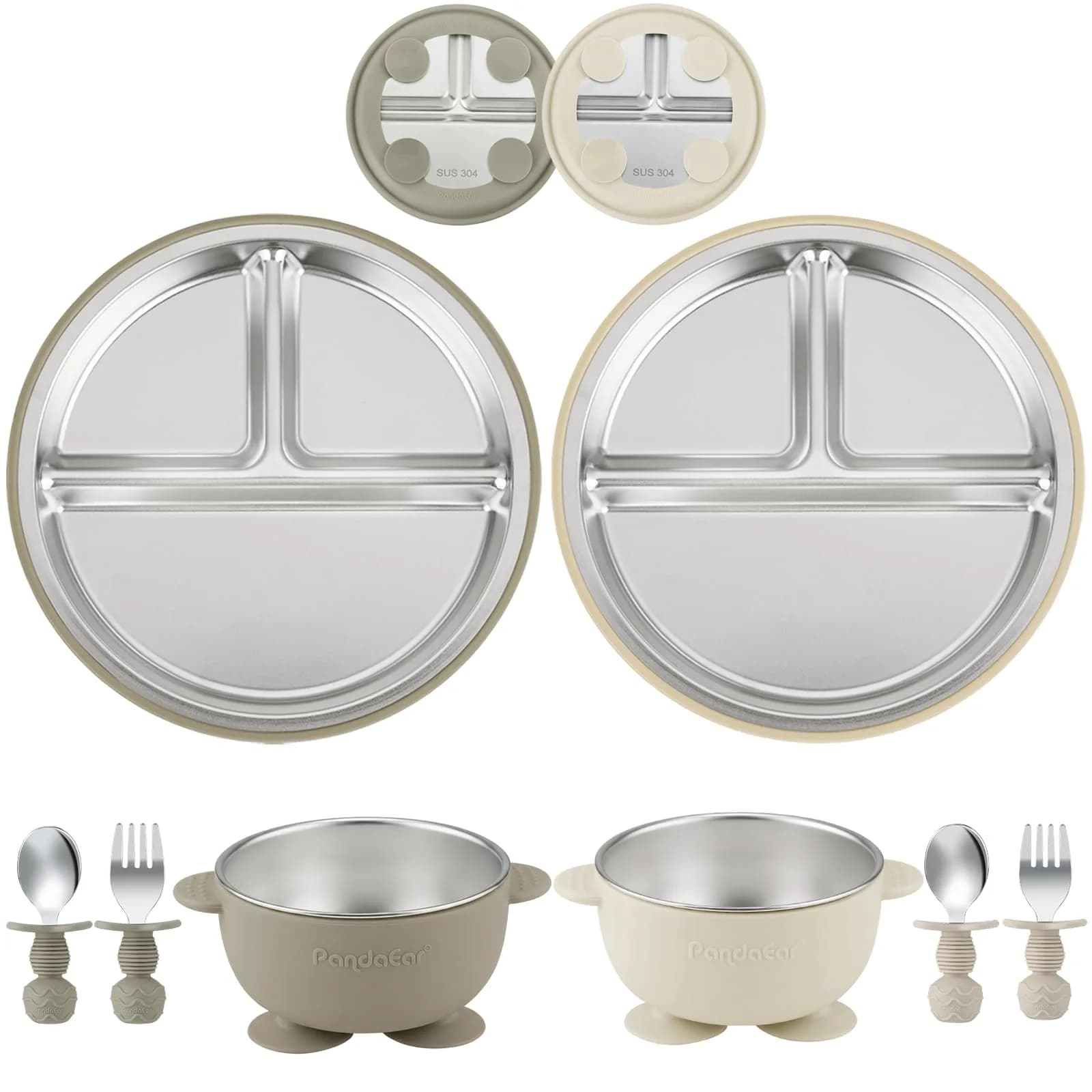 PandaEar Baby Feeding Set | Stainless Steel Plates & Bowls with Silicone Utensils | Toddler Tableware for Self-Feeding - main product image