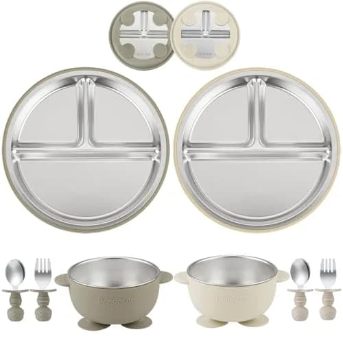 PandaEar Baby Feeding Set | Stainless Steel Plates & Bowls with Silicone Utensils | Toddler Tableware for Self-Feeding thumbnail 1