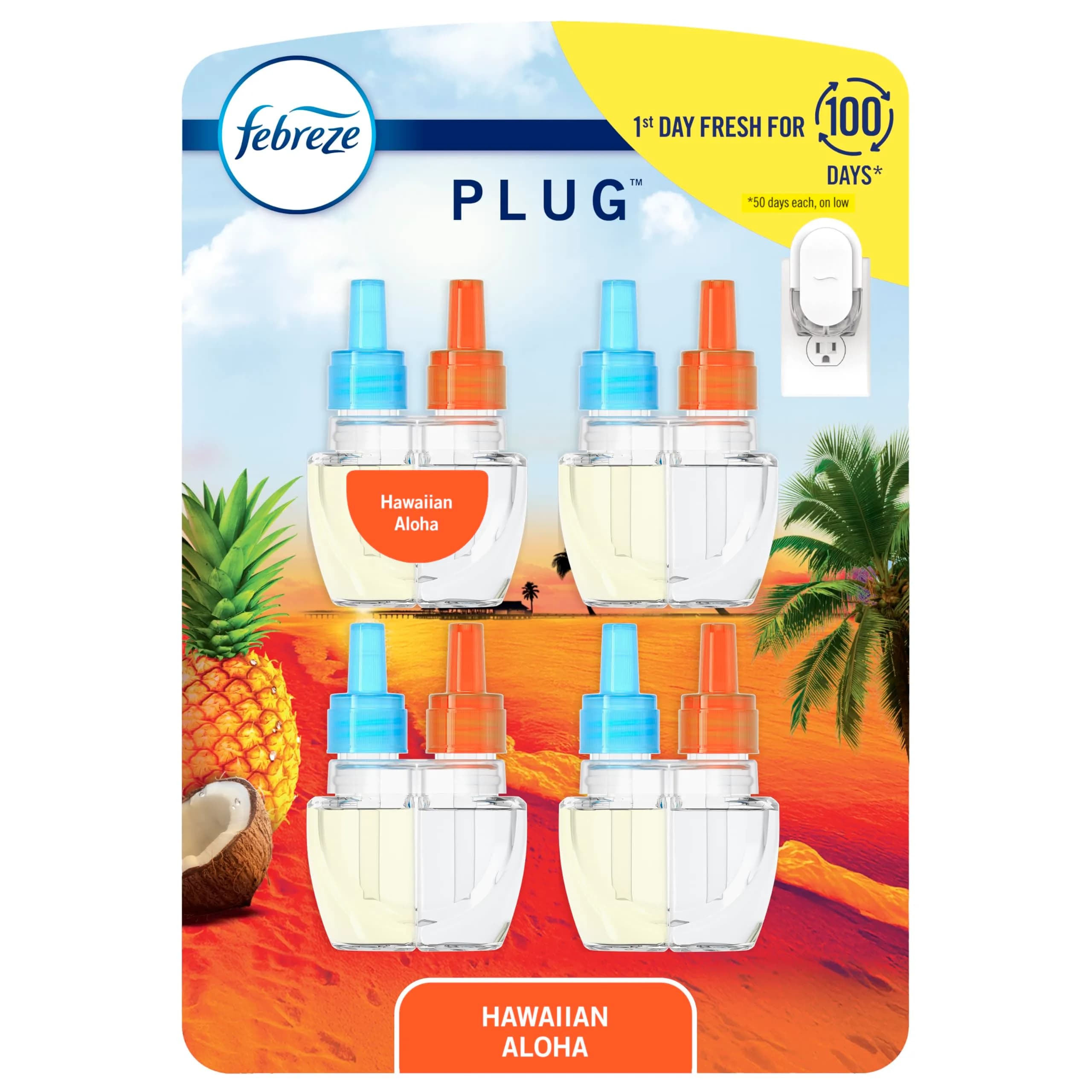 Febreze Hawaiian Aloha Scented Oil Refills, 4 Count (3.5 Fl Oz Total) | Fade Defy Technology Lasts 50 Days