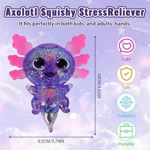 Puffwize Axolotl Squishy Toy Purple Big Ears 9.5cm (3.74") | Slow Rising Fidget Toy for Stress Relief thumbnail 4