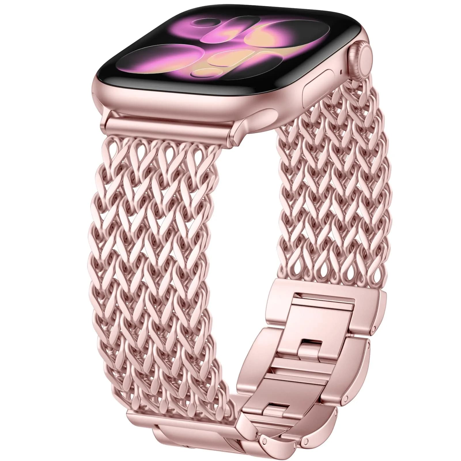 SNBLK Metal Watch Band Compatible with Apple Watch Series 1-11 & Ultra | Dressy Stainless Steel Link Bracelet for Women & Men — Rose Gold