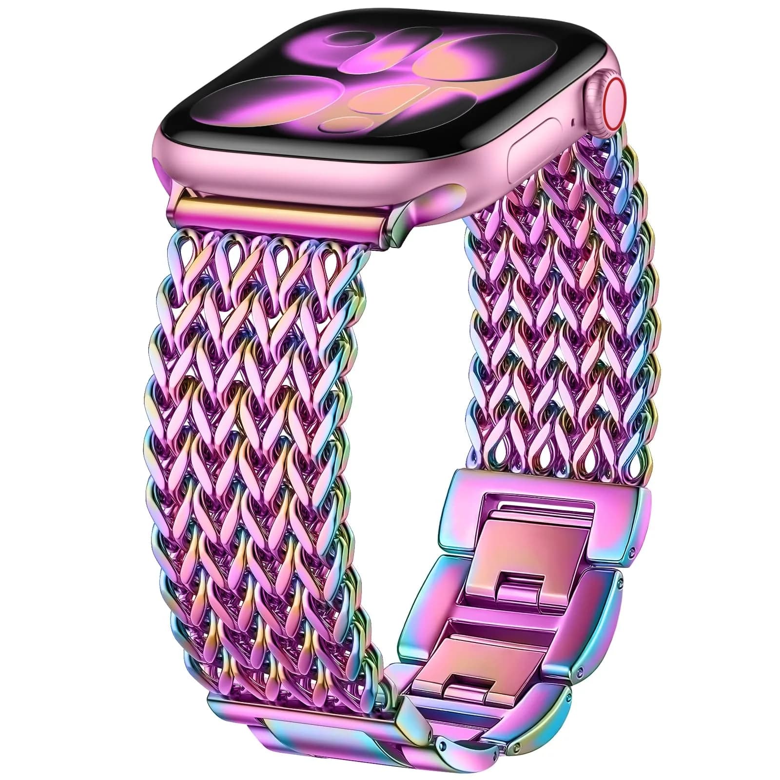 SNBLK Metal Watch Band Compatible with Apple Watch Series 1-11 & Ultra | Dressy Stainless Steel Link Bracelet for Women & Men — Rainbow