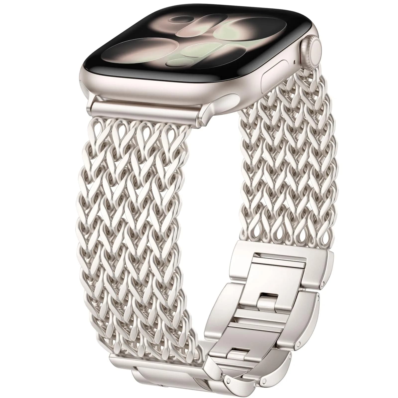 SNBLK Metal Watch Band Compatible with Apple Watch Series 1-11 & Ultra | Dressy Stainless Steel Link Bracelet for Women & Men — Starlight