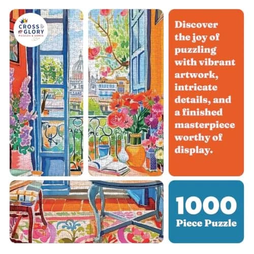Cross & Glory 1000 Piece Jigsaw Puzzle Room with a Bloom | Vibrant City & Floral Scene for Adults thumbnail 6