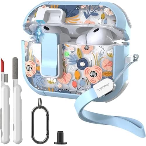 wenew AirPods Pro 3 Case (2025) Cover Stylish Flower Hard Shell Blue | Full Body, Wireless Support thumbnail 1